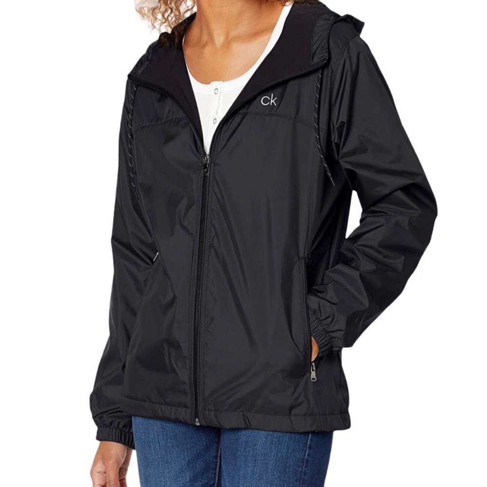 Calvin Klein Hooded Jacket Fleece Lined Full Zip Hoodie Zip Pockets Black Lg NEW